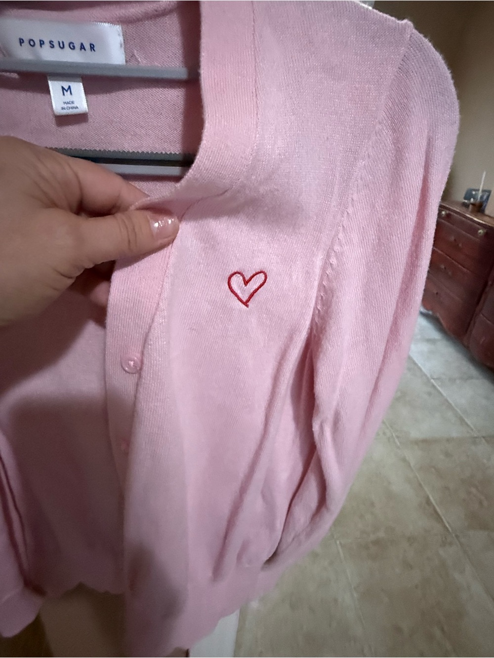 POPSUGAR Pink Cardigan with Red Heart Accent